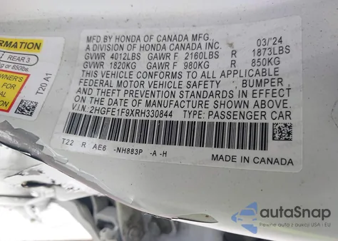 2024 Honda Civic Touring from USA, damaged, VIN 2HGFE1F9XRH330844